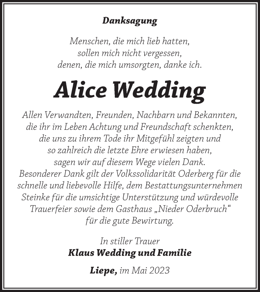 Traueranzeigen Von Alice Wedding M Rkische Onlinezeitung Trauerportal