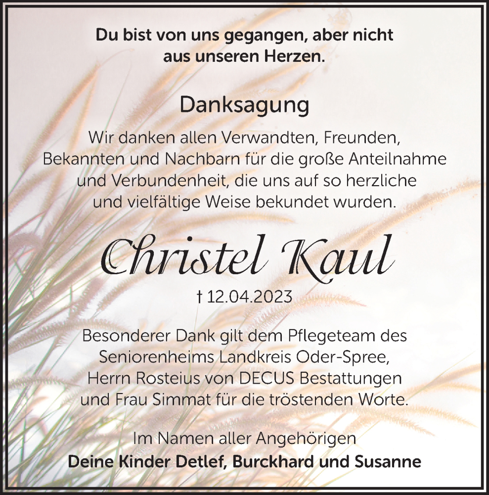 Traueranzeigen Von Christel Kaul M Rkische Onlinezeitung Trauerportal