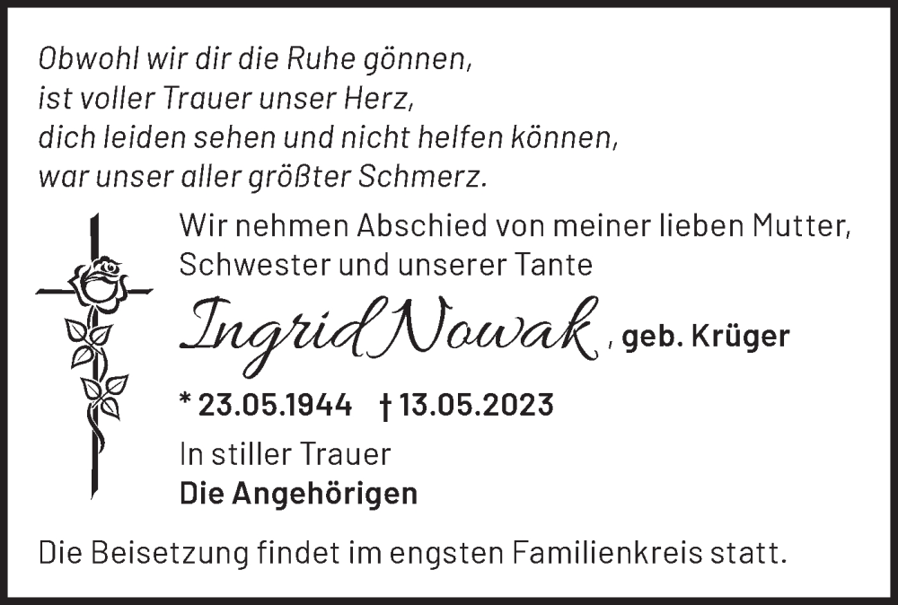 Traueranzeigen Von Ingrid Nowak M Rkische Onlinezeitung Trauerportal