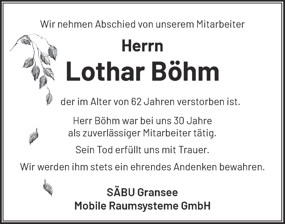 Traueranzeigen Von Lothar B Hm M Rkische Onlinezeitung Trauerportal