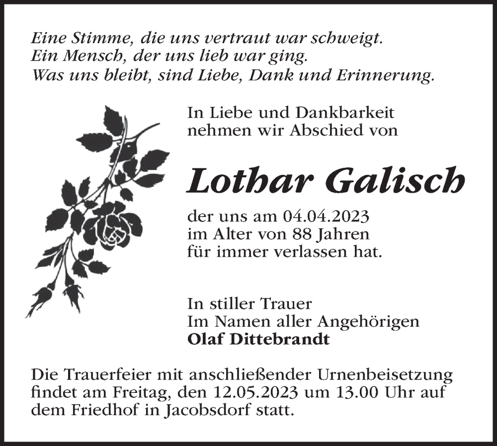 Traueranzeigen Von Lothar Galisch M Rkische Onlinezeitung Trauerportal