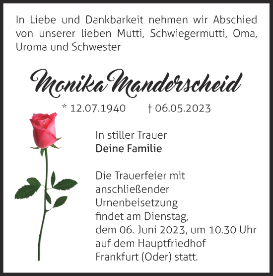 Traueranzeigen Von Monika Manderscheid M Rkische Onlinezeitung