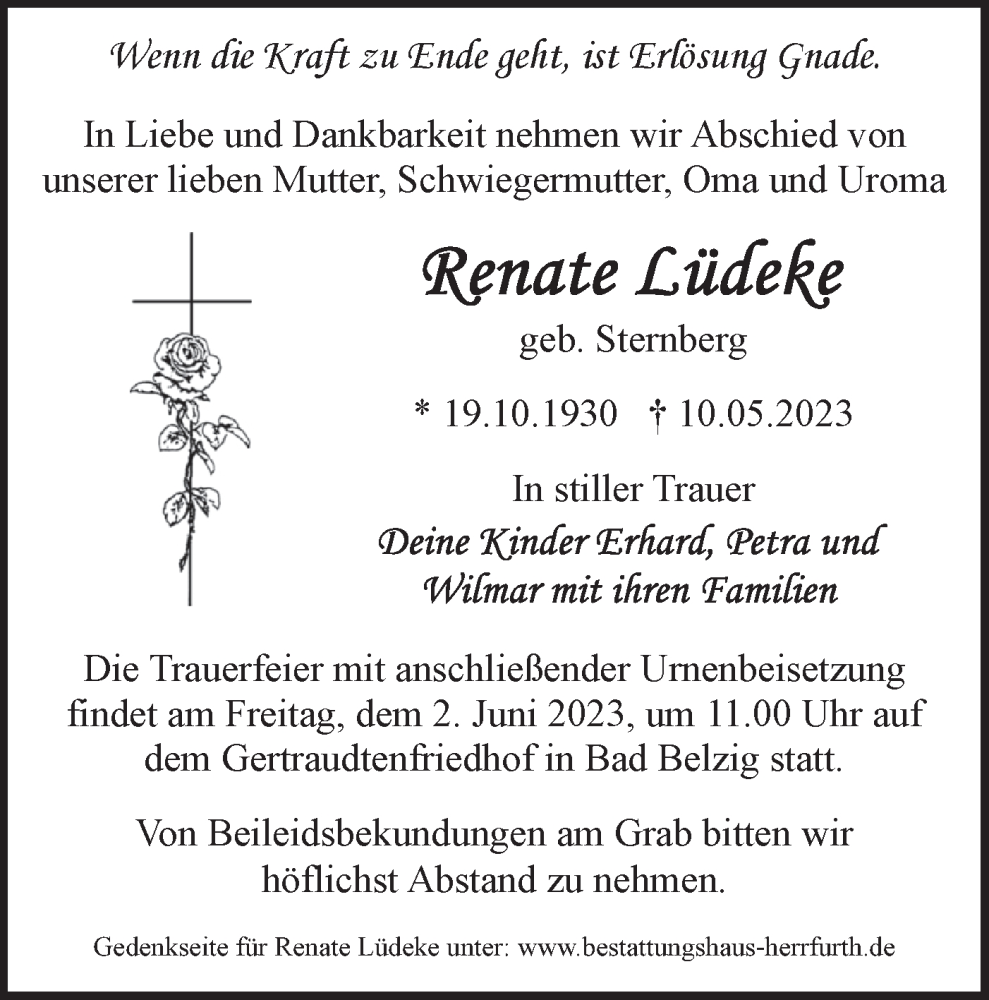 Traueranzeigen von Renate Lüdeke Märkische Onlinezeitung Trauerportal