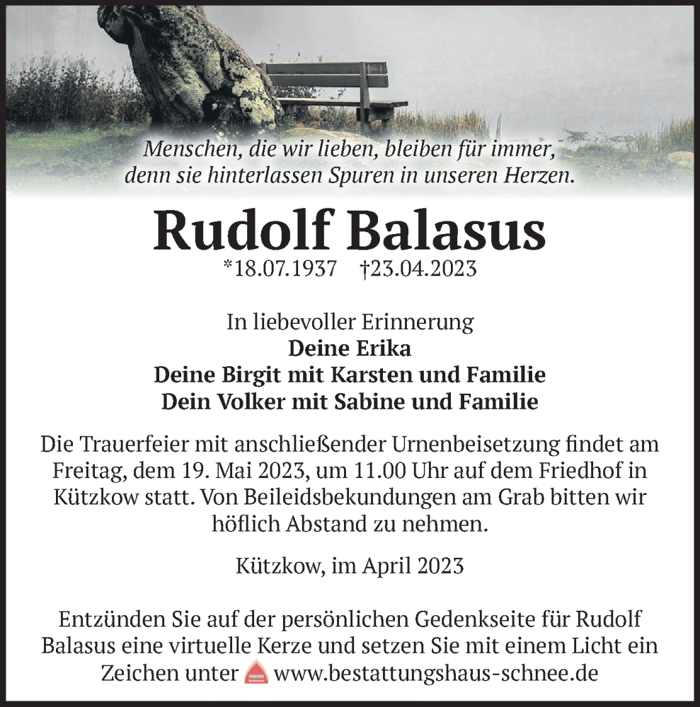 Traueranzeigen von Rudolf Balasus Märkische Onlinezeitung Trauerportal