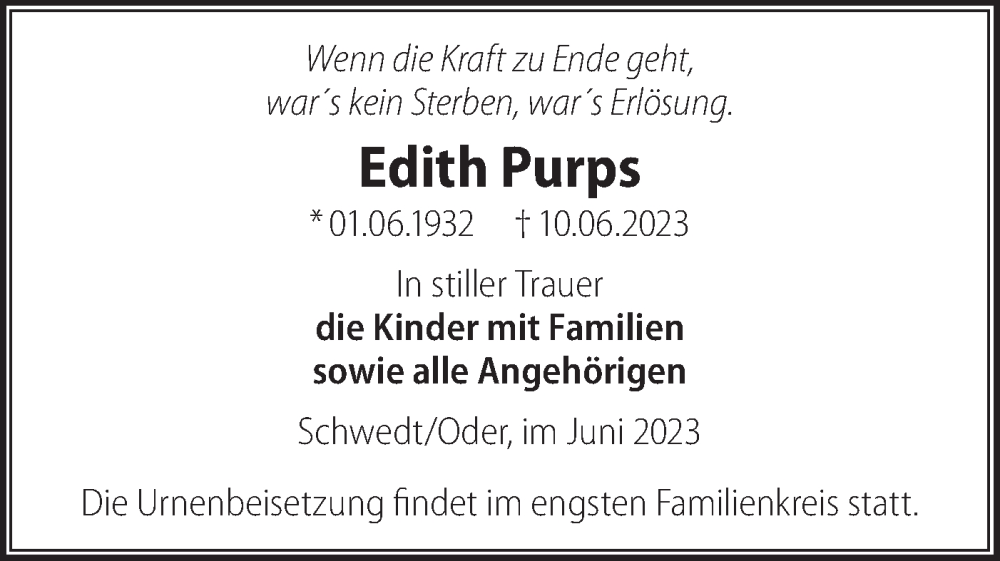 Traueranzeigen von Edith Purps Märkische Onlinezeitung Trauerportal