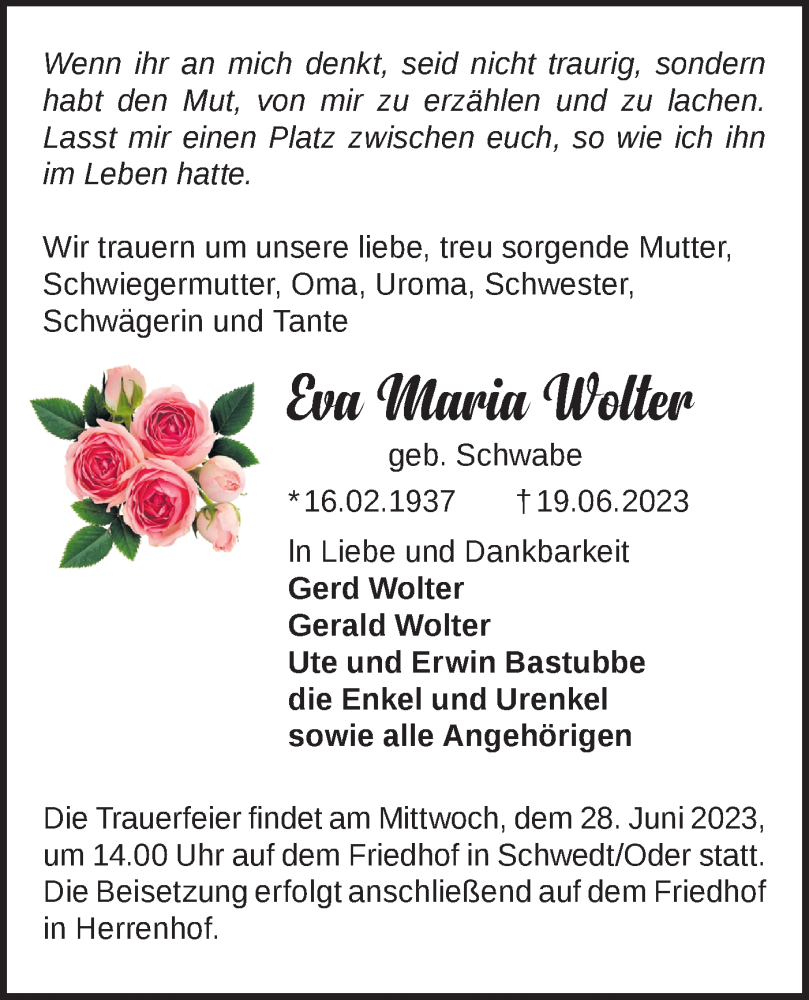 Traueranzeigen Von Eva Maria Wolter M Rkische Onlinezeitung Trauerportal