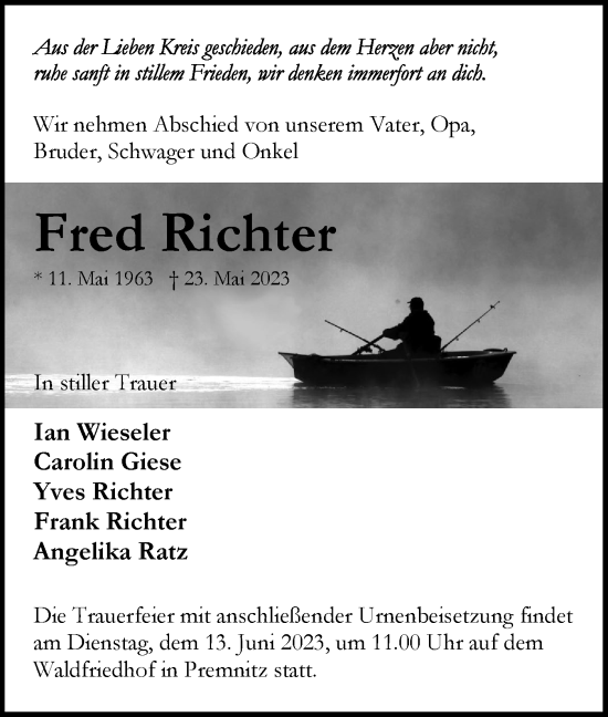 Traueranzeigen von Fred Richter Märkische Onlinezeitung Trauerportal