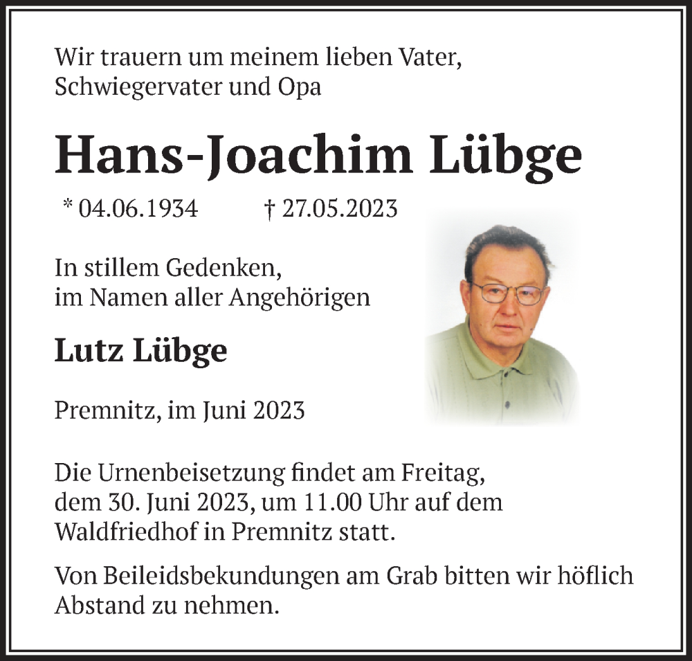 Traueranzeigen Von Hans Joachim L Bge M Rkische Onlinezeitung