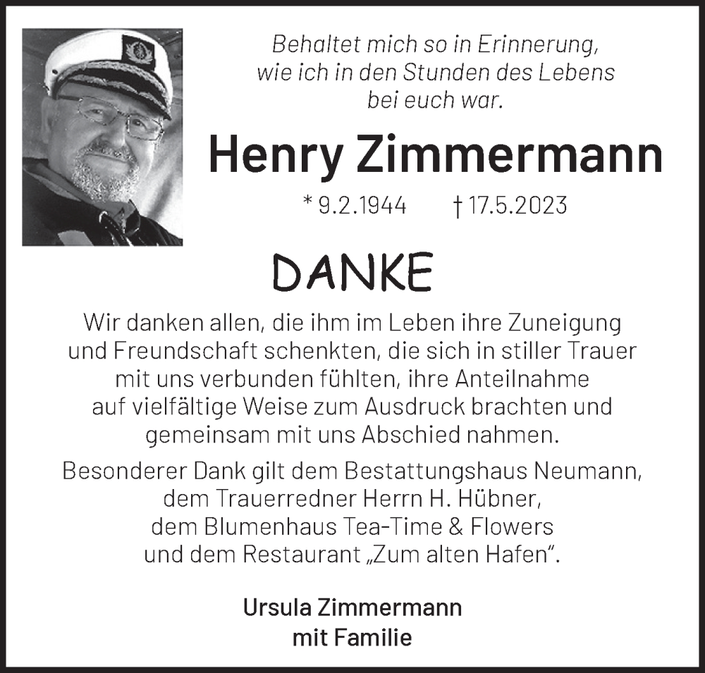 Traueranzeigen von Henry Zimmermann Märkische Onlinezeitung Trauerportal