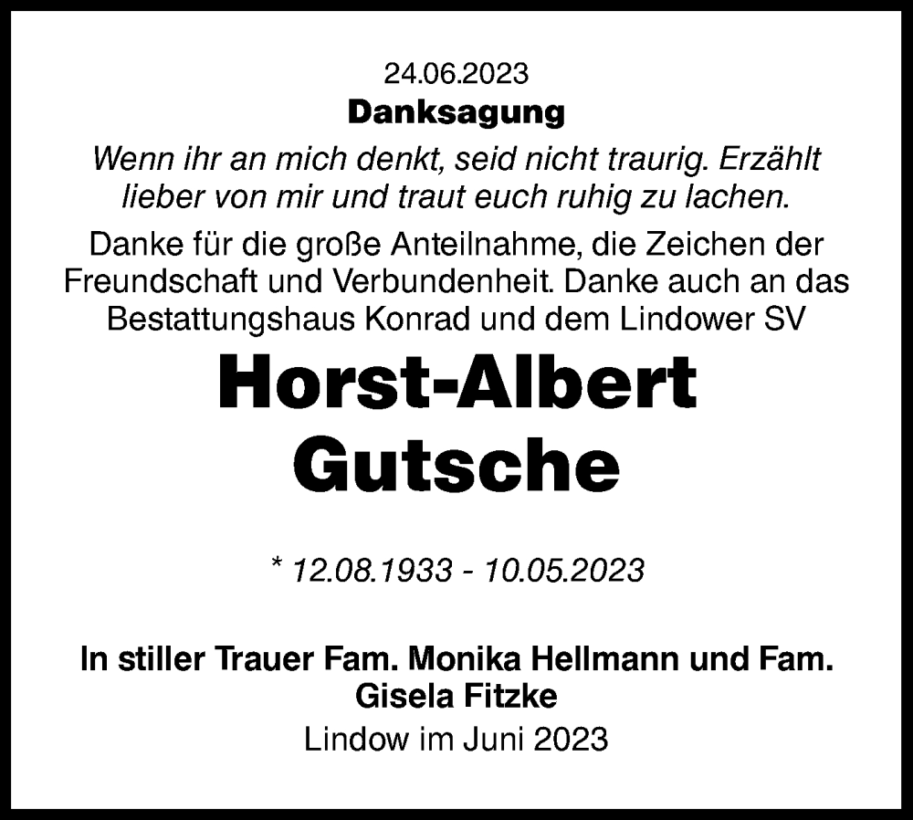 Traueranzeigen von Horst Albert Gutsche Märkische Onlinezeitung