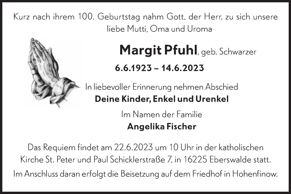 Traueranzeigen von Margit Pfuhl Märkische Onlinezeitung Trauerportal