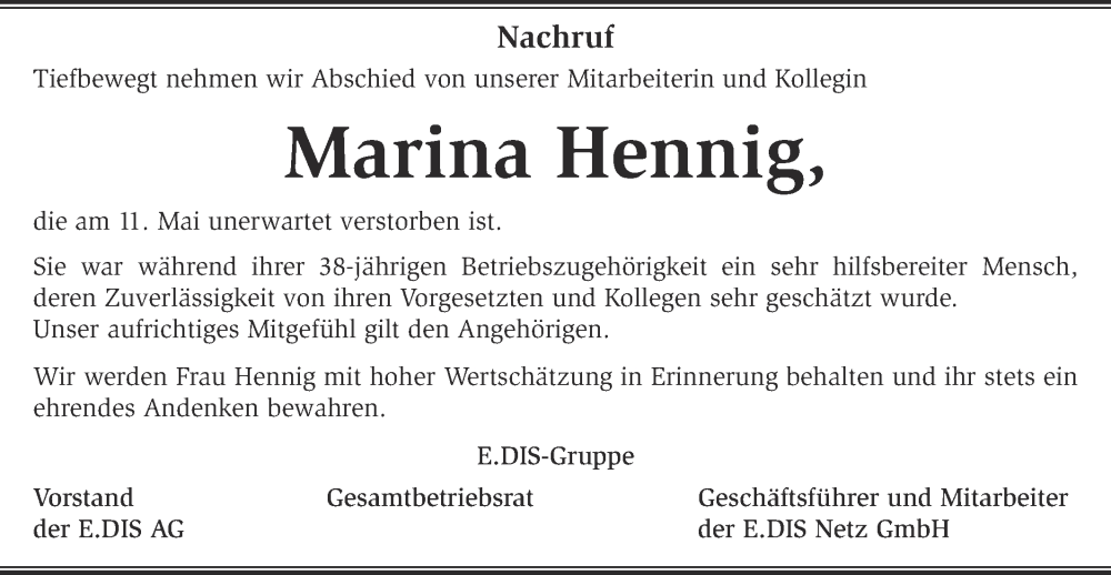 Traueranzeigen von Marina Hennig Märkische Onlinezeitung Trauerportal