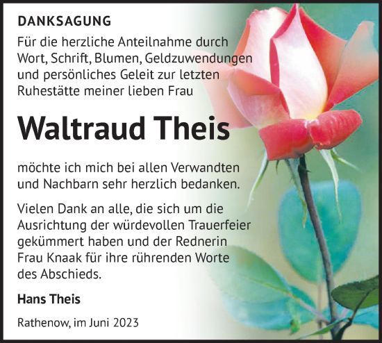 Traueranzeigen Von Waltraud Theis M Rkische Onlinezeitung Trauerportal