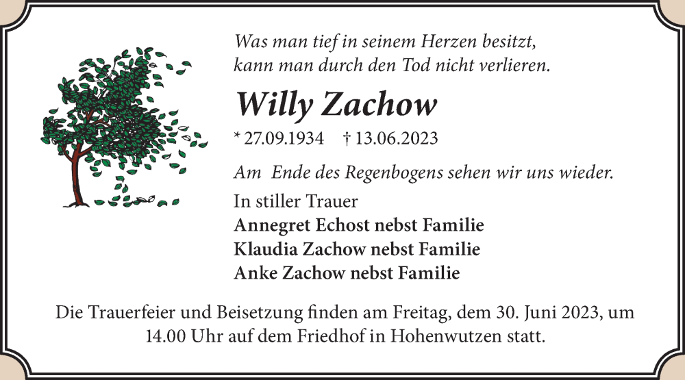 Traueranzeigen Von Willy Zachow M Rkische Onlinezeitung Trauerportal