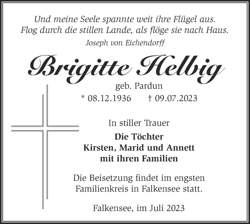 Traueranzeigen von Brigitte Helbig Märkische Onlinezeitung Trauerportal