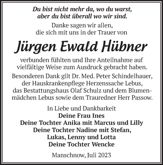 Traueranzeigen von Jürgen Ewald Hübner Märkische Onlinezeitung