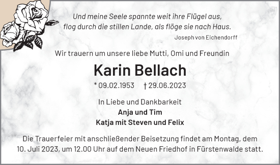 Traueranzeigen von Karin Bellach Märkische Onlinezeitung Trauerportal