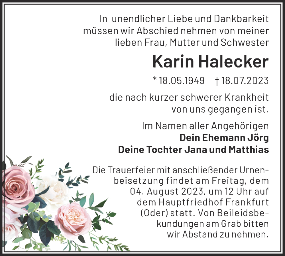 Traueranzeigen Von Karin Halecker M Rkische Onlinezeitung Trauerportal