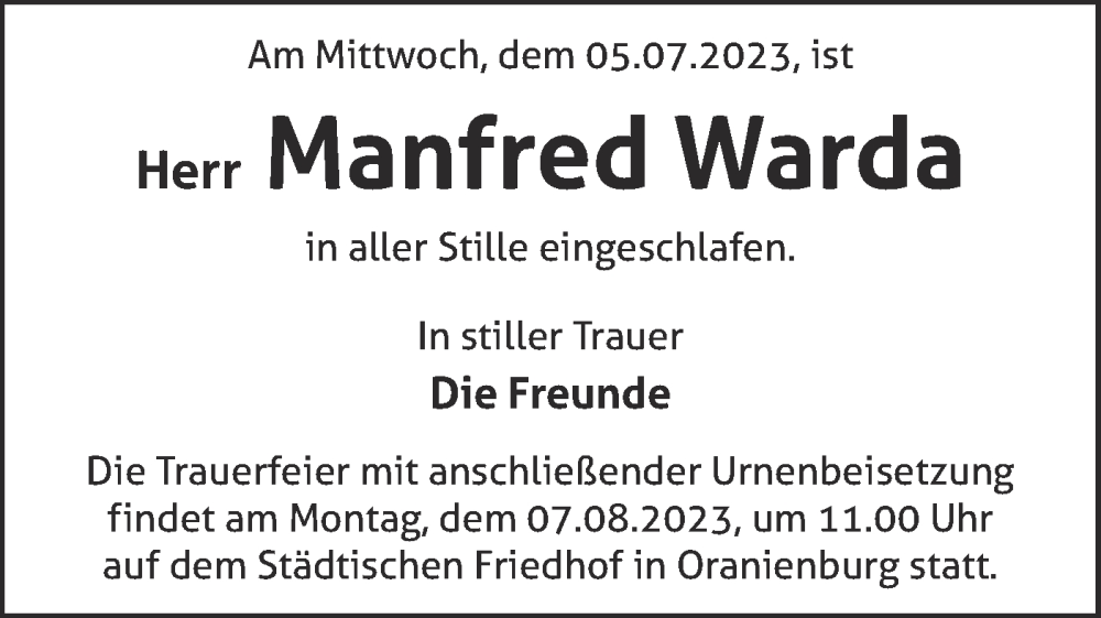 Traueranzeigen von Manfred Warda Märkische Onlinezeitung Trauerportal