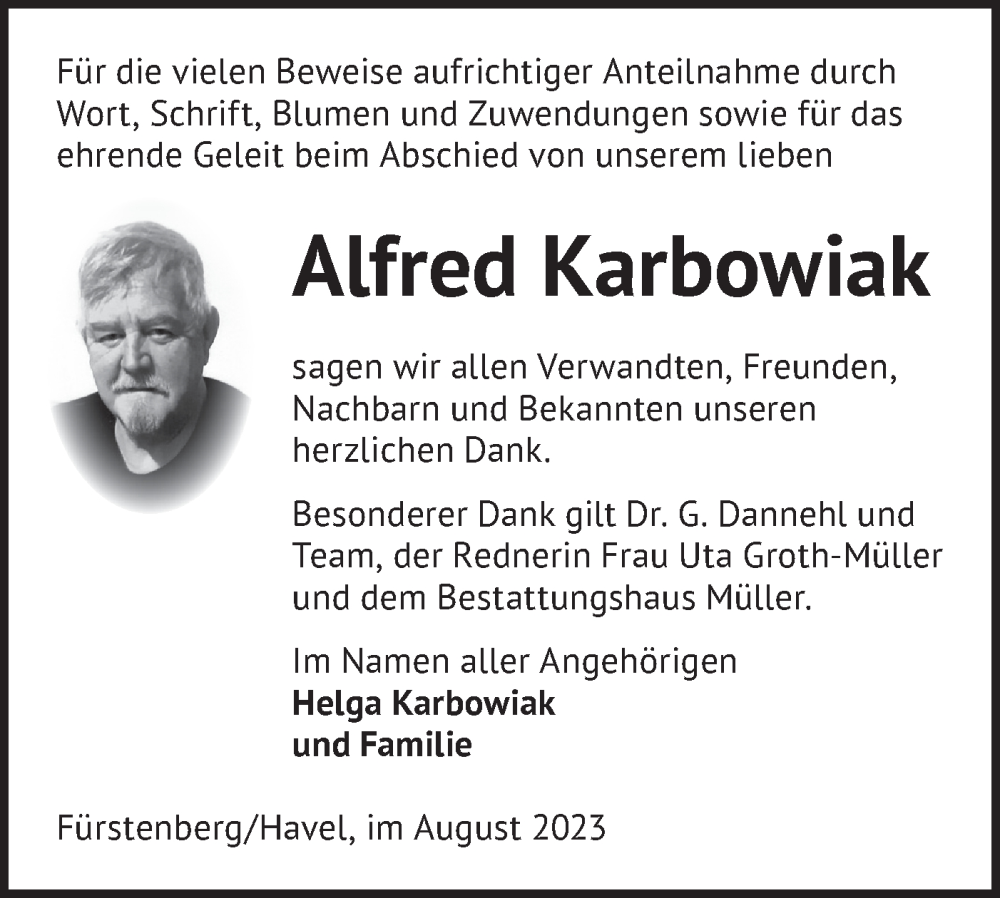 Traueranzeigen Von Alfred Karbowiak M Rkische Onlinezeitung Trauerportal