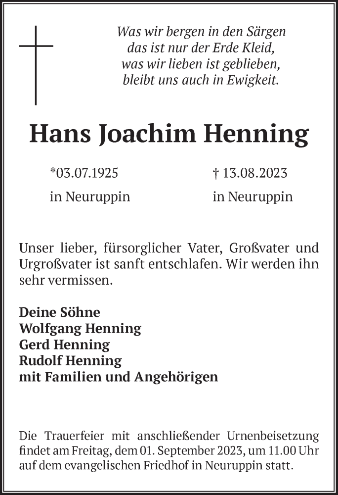 Traueranzeigen Von Hans Joachim Henning M Rkische Onlinezeitung