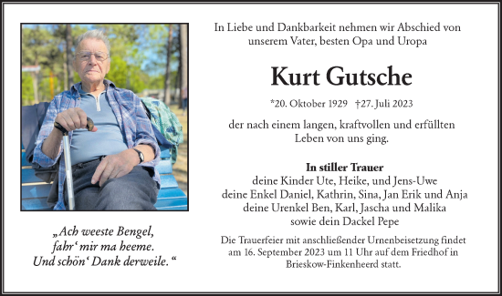 Traueranzeigen Von Kurt Gutsche M Rkische Onlinezeitung Trauerportal