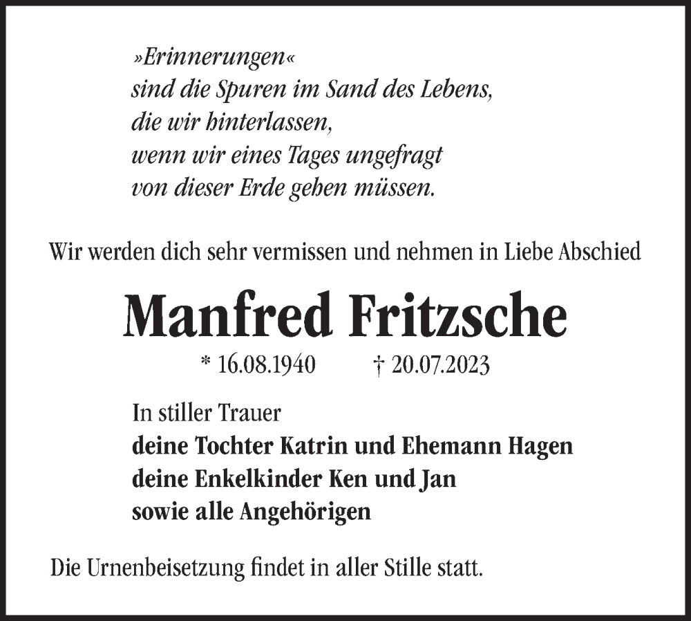 Traueranzeigen Von Manfred Fritzsche M Rkische Onlinezeitung Trauerportal