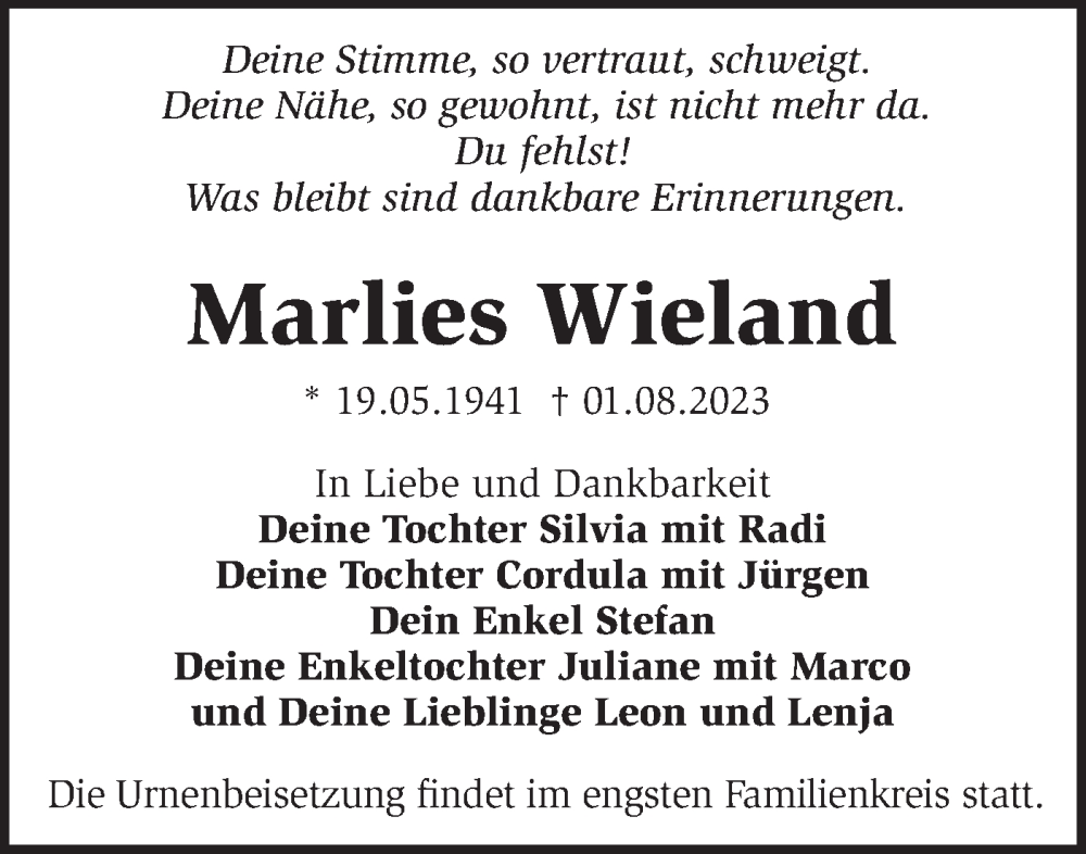 Traueranzeigen Von Marlies Wieland M Rkische Onlinezeitung Trauerportal