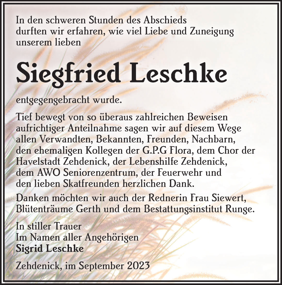 Traueranzeigen von Siegfried Leschke Märkische Onlinezeitung Trauerportal