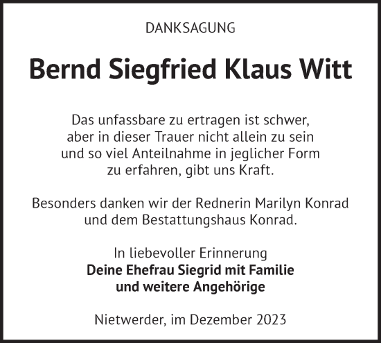 Traueranzeige von Bernd Siegfried Klaus Witt von Märkische Oderzeitung