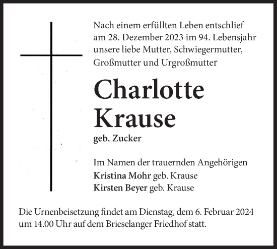 Traueranzeige von Charlotte Krause von Märkische Oderzeitung