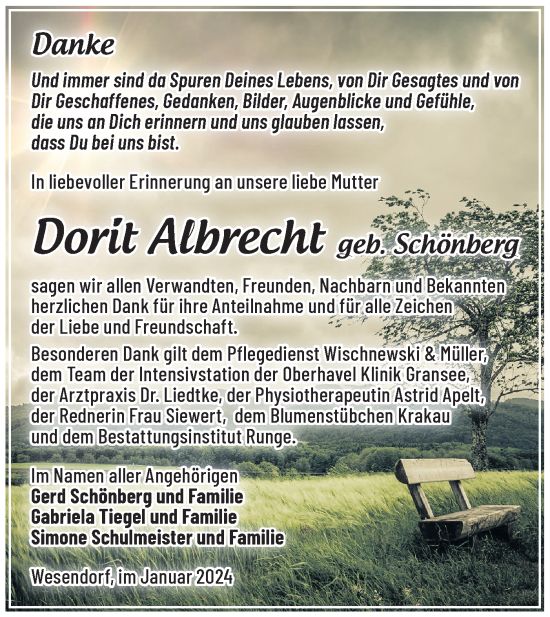 Traueranzeige von Dorit Albrecht von Märkische Oderzeitung