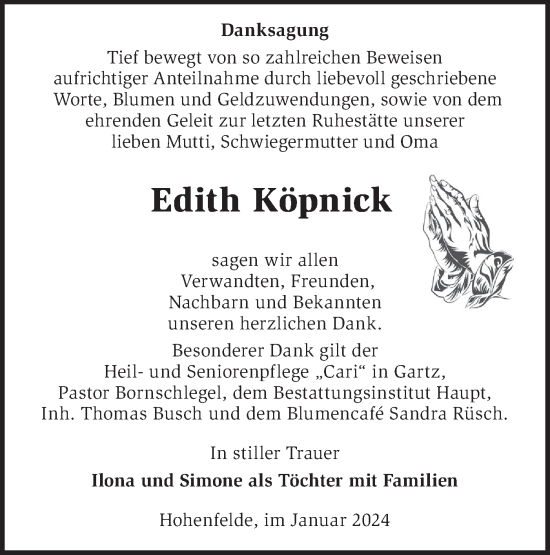 Traueranzeige von Edith Köpnick von Märkische Oderzeitung