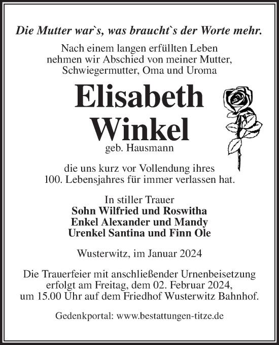 Traueranzeige von Elisabeth Winkel von Märkische Oderzeitung