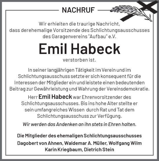Traueranzeige von Emil Habeck von Märkische Oderzeitung