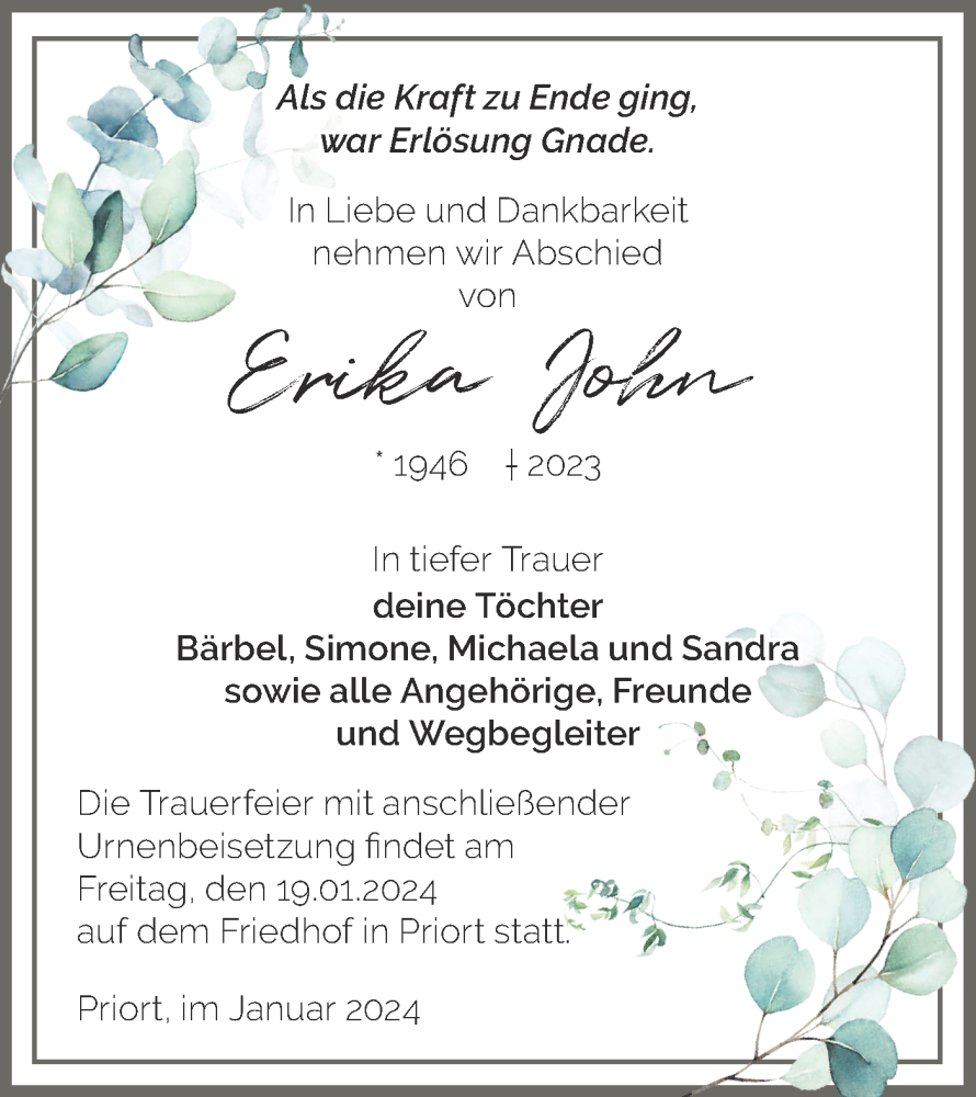 Traueranzeigen Von Erika John M Rkische Onlinezeitung Trauerportal