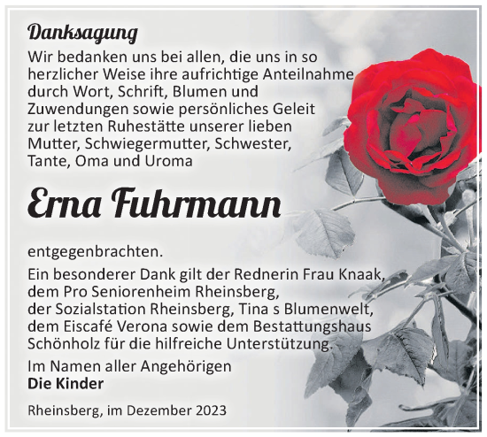 Traueranzeige von Erna Fuhrmann von Märkische Oderzeitung