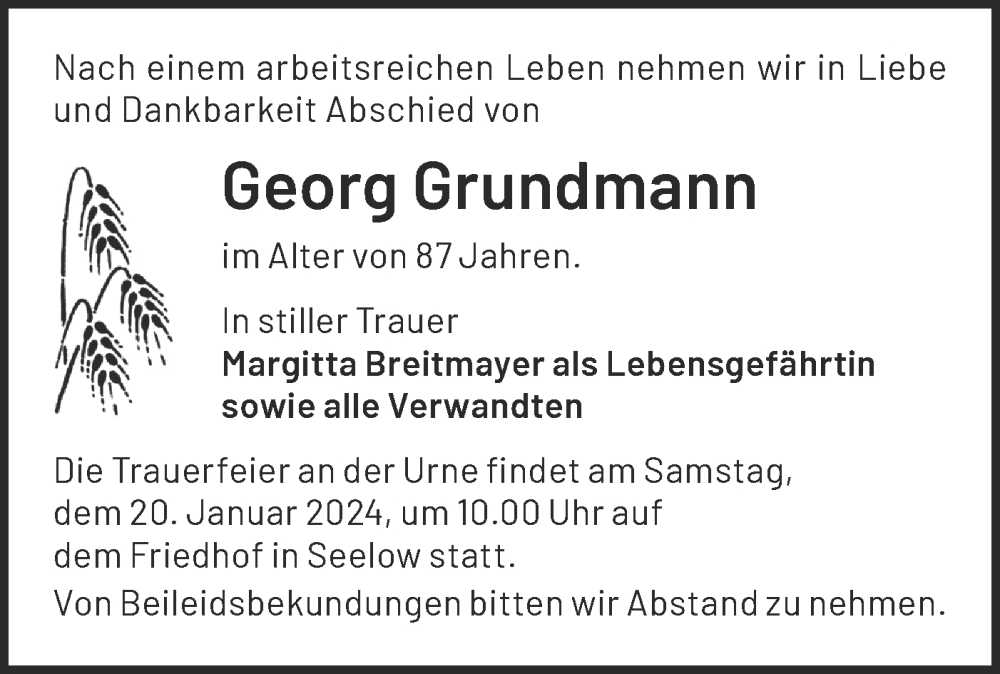 Traueranzeigen Von Georg Grundmann M Rkische Onlinezeitung Trauerportal