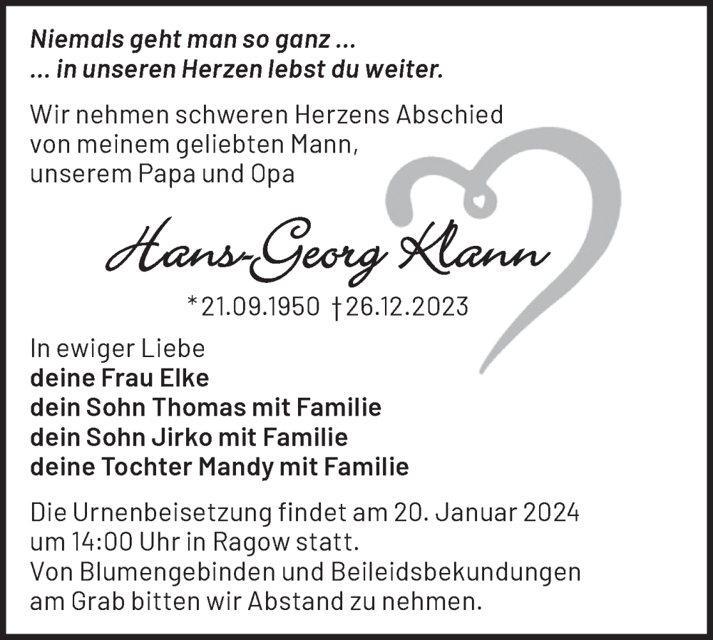 Traueranzeigen Von Hans Georg Klann M Rkische Onlinezeitung Trauerportal