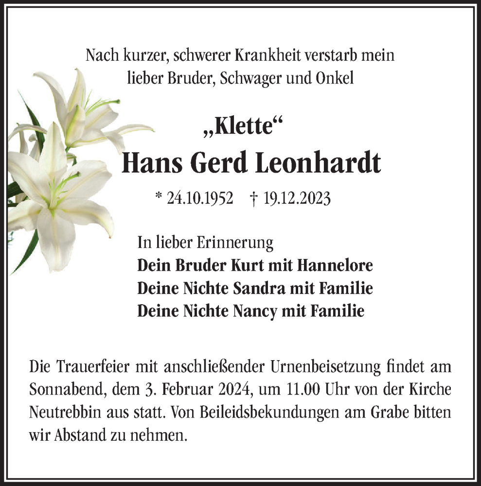 Traueranzeigen Von Hans Gerd Leonhardt M Rkische Onlinezeitung