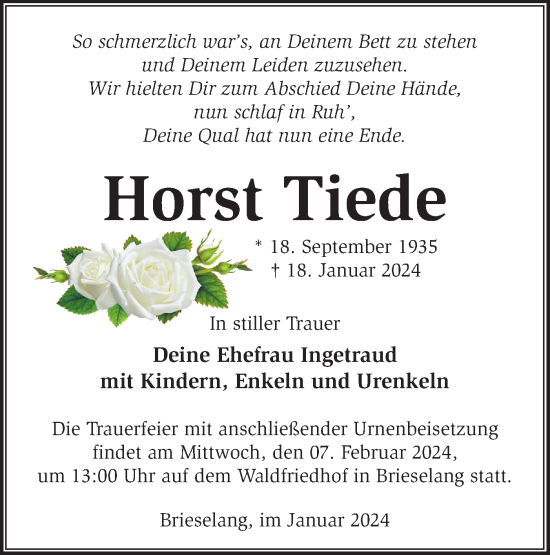 Traueranzeigen Von Horst Tiede M Rkische Onlinezeitung Trauerportal