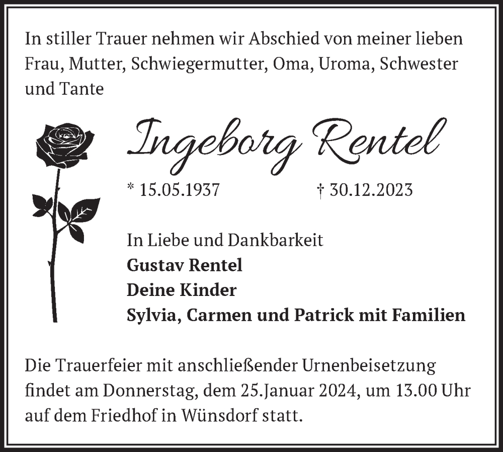 Traueranzeigen Von Ingeborg Rentel M Rkische Onlinezeitung Trauerportal