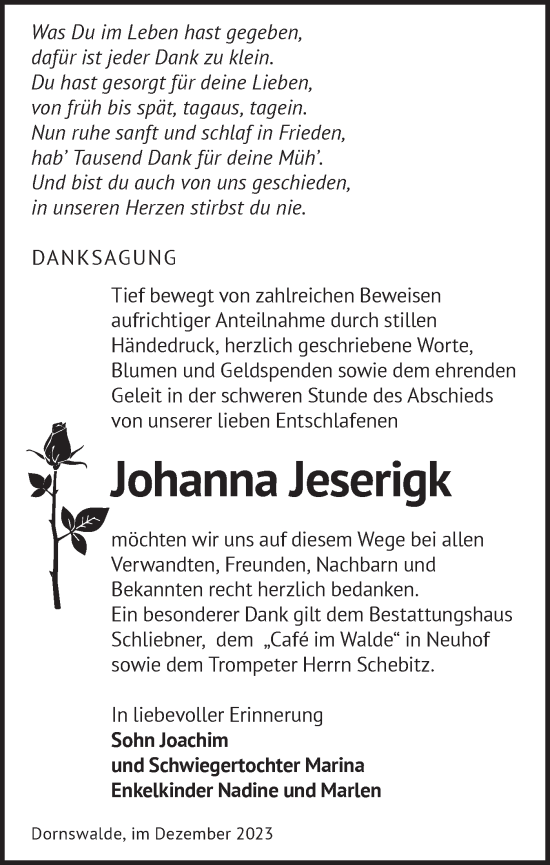 Traueranzeige von Johanna Jeserigk von Märkische Oderzeitung