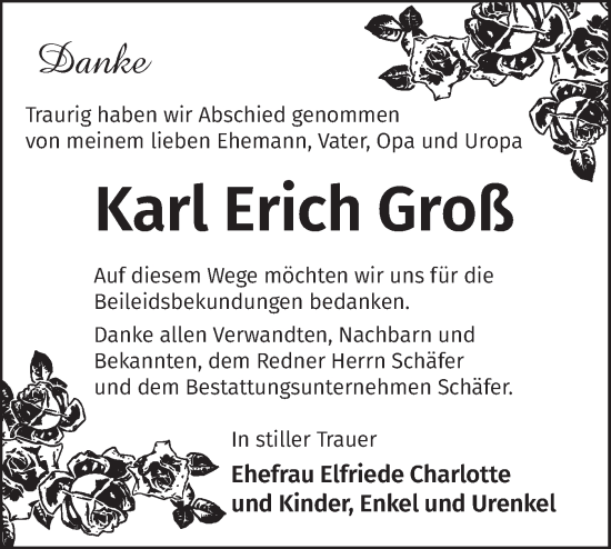 Traueranzeige von Karl Erich Groß von Märkische Oderzeitung