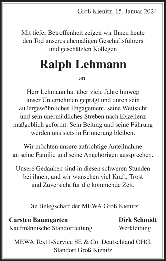 Traueranzeige von Ralph Lehmann von Märkische Oderzeitung