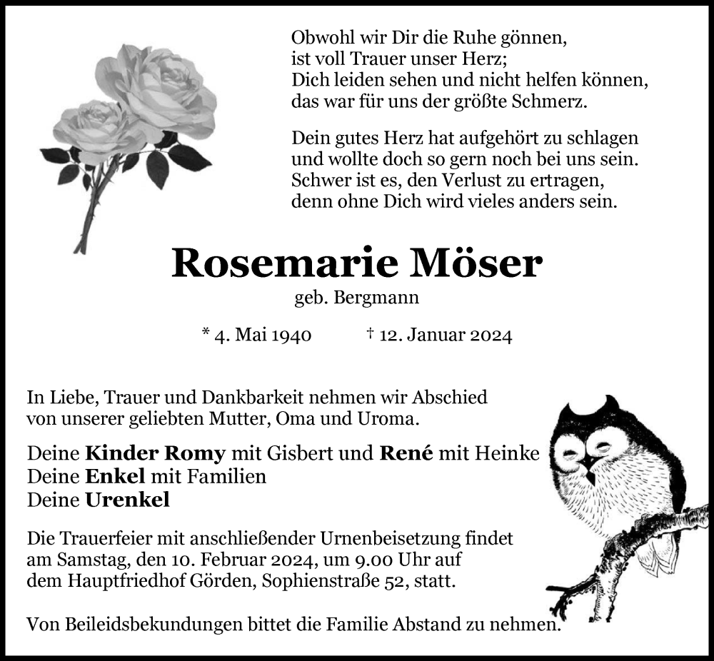 Traueranzeigen Von Rosemarie M Ser M Rkische Onlinezeitung Trauerportal