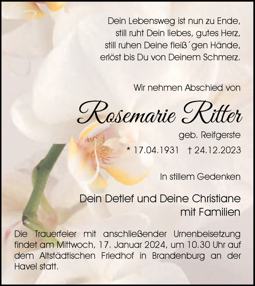 Traueranzeigen Von Rosemarie Ritter M Rkische Onlinezeitung Trauerportal