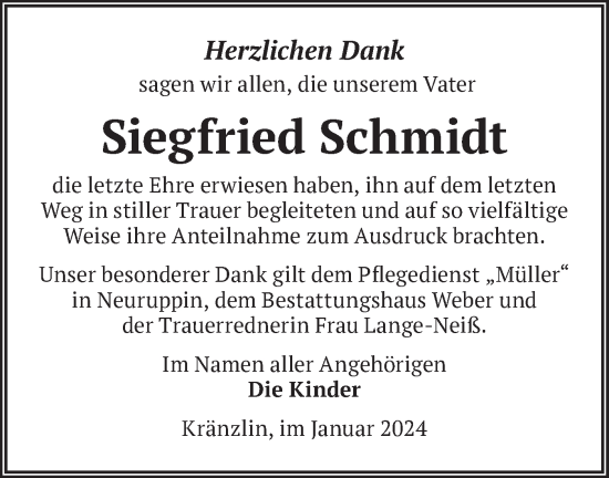 Traueranzeige von Siegfried Schmidt von Märkische Oderzeitung