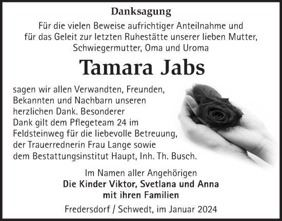 Traueranzeige von Tamara Jabs von Märkische Oderzeitung