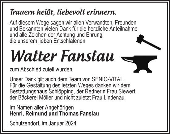 Traueranzeige von Walter Fanslau von Märkische Oderzeitung